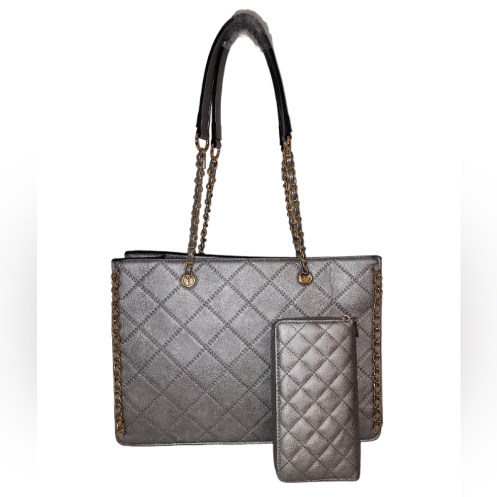 Diophy 2-N-1 Vegan Silver Leather Purse with Matching Wallet